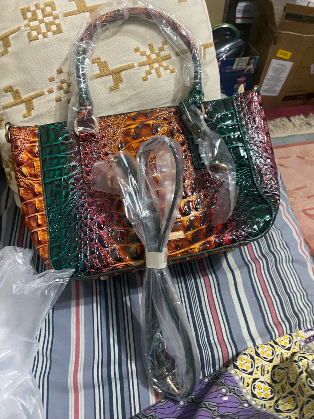 Croc-Embossed Multicolor Satchel Handbag - Green & Brown Tones